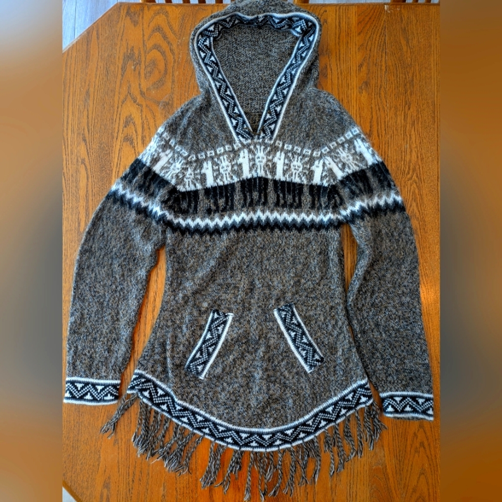 Soft Brown and White Hooded Alpaca Sweater